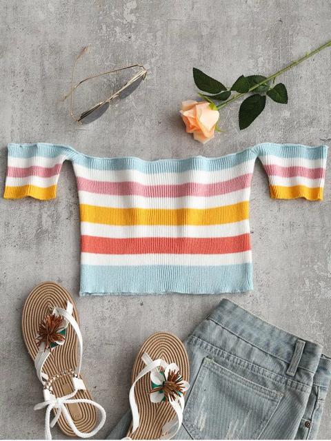 Off Shoulder Striped Crop Knitted Top Multi