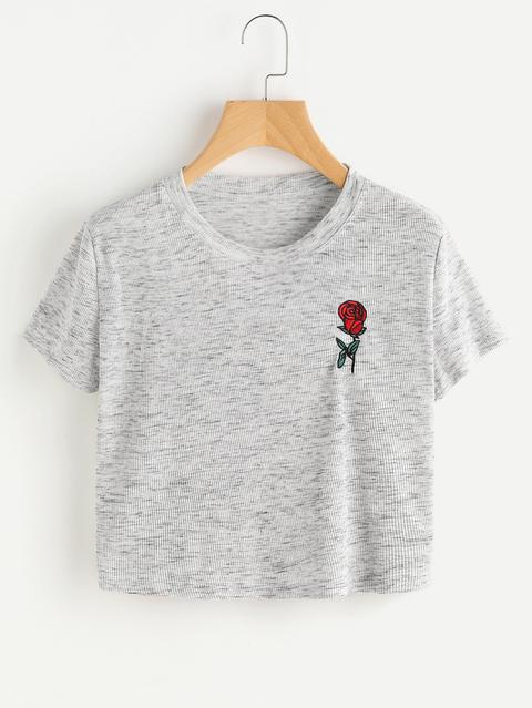 Rose Embroidered Ribbed Tee