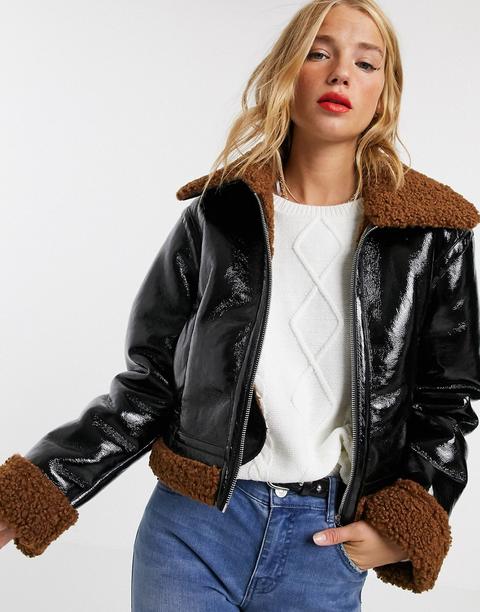 Asos Design Vinyl Faux Shearling Biker Jacket In Black