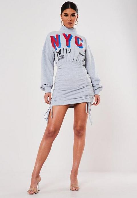 Grey Nyc Slogan High Neck Ruched Sweater Dress, Grey