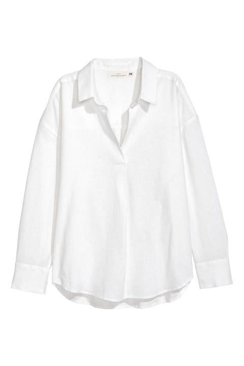 Camisa Oversize Con Lino - Blanco