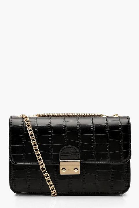 Sac En Bandoulière À Fermoir Pivotant En Croco - Noir - One Size, Noir