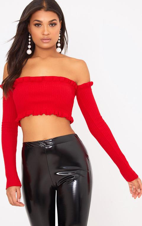 Red Ruffle Detail Knit Bardot Long Sleeve Top