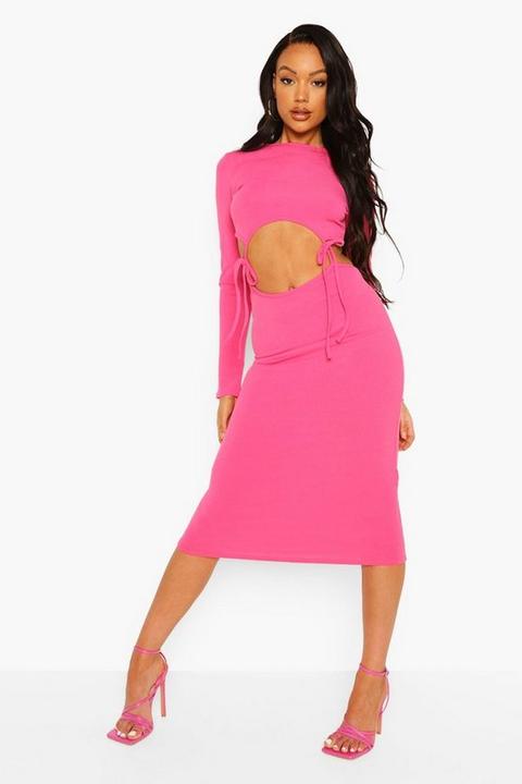 Womens Rib Cut Out Tie Detail Midi Dress - Pink - 18, Pink