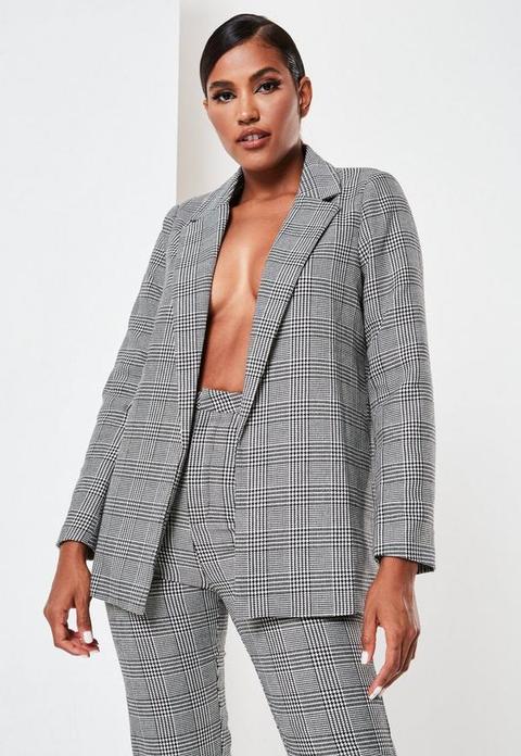 Black Co Ord Check Tailored Boyfriend Blazer, Grey