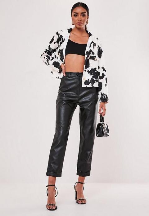 Black Faux Leather Turn Up Hem Cigarette Trousers, Black