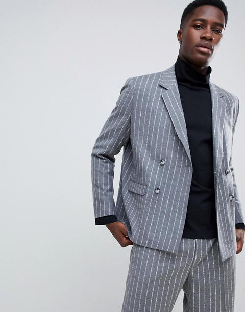 Asos White Boxy Double Breasted Blazer In 100% Wool Textured Stripe-grey