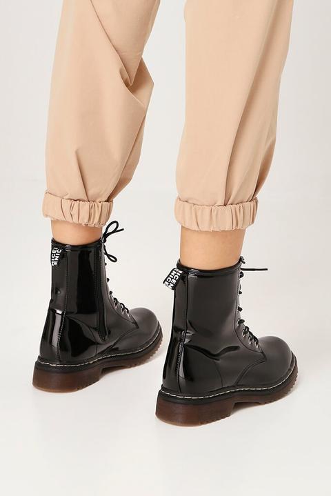 Black patient patent military lace up boots with cheap chunky sole