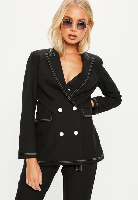 Black Contrast Stitch Double Breasted Suit Blazer Jacket, Black