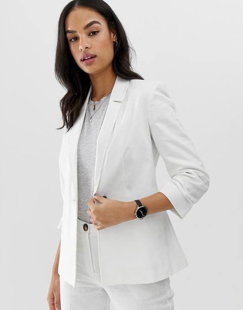 Asos Design - Blazer In Lino Con Maniche Arricciate - Bianco