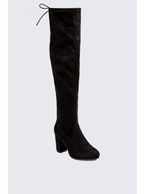 Black Block Heel Stretch Knee High Boots