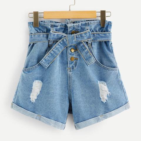 Shorts In Denim Strappato Con Orlo Arrotolato