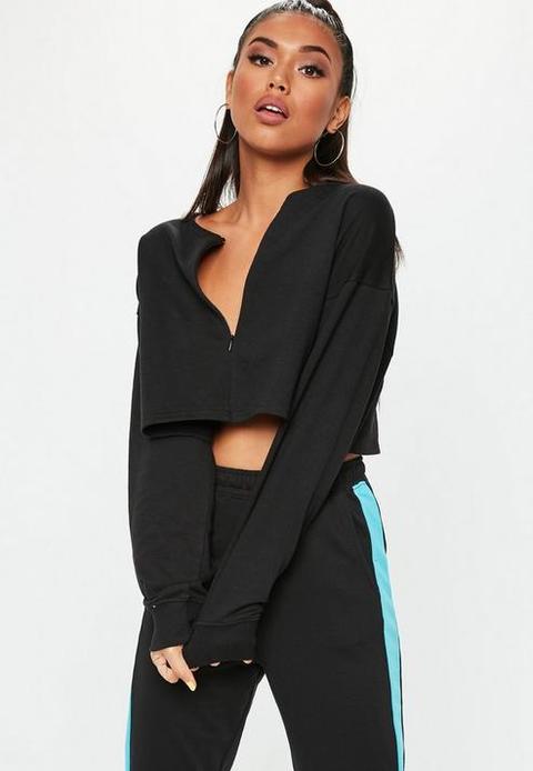 Black Inserted Zip Front Crop Sweatshirt, Black