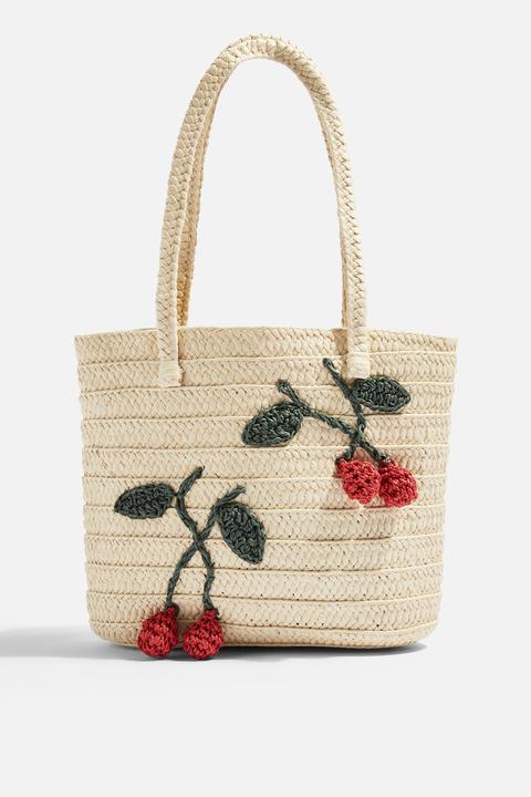 Womens Fruity Cherry Straw Tote Bag - Natural, Natural