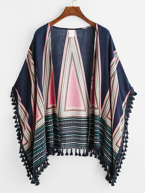 Tassel Trim Geo Print Kimono