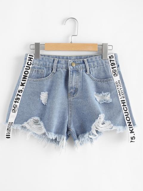 Shorts In Denim Con Stampa A Vivo