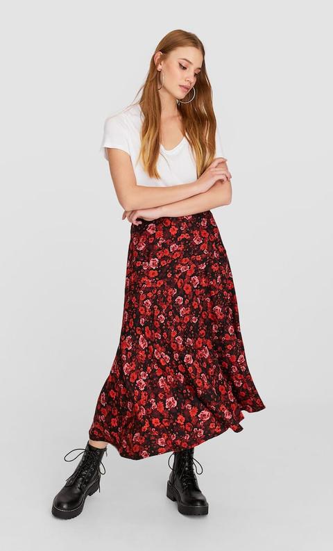 Stradivarius Jupe Midi Imprimé Floral Femme Rouge Foncé Xs