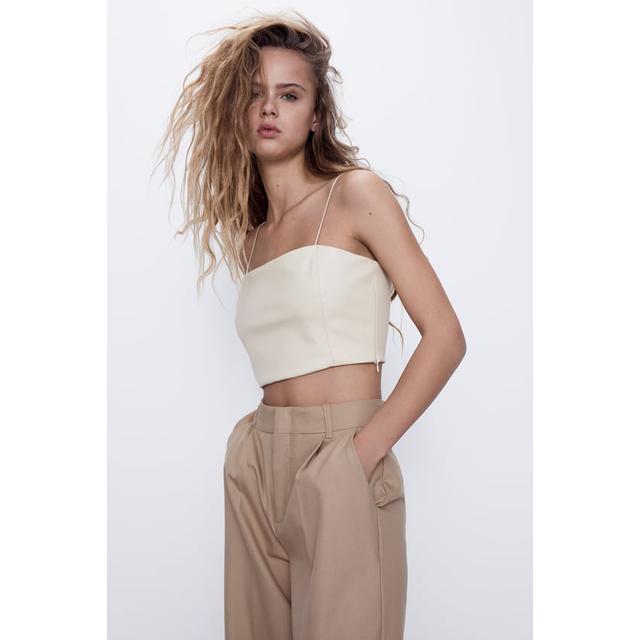 Stylish Cream Faux Leather Crop Top by Zara