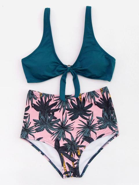 Palm Tree Print High Rise Bikini Set