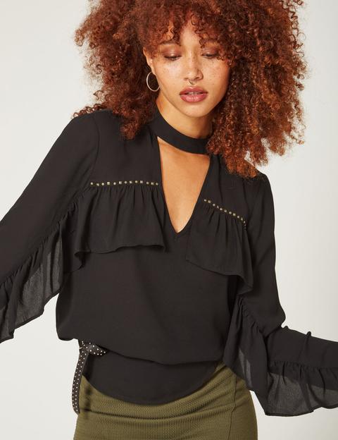 Black Blouse With Frill And Stud Details