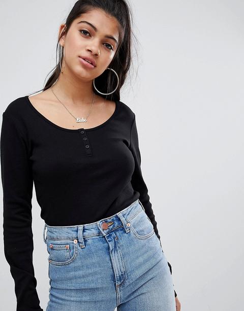Asos Design - Langärmliges Shirt In Schwarz Mit Knopfleiste - Schwarz
