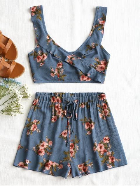 Top Con Volantes Florales Y Pantalones Cortos Con Cordones Blue