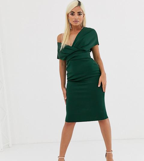 Vestido De Tubo Midi Con Hombro Caído Y Detalle De Lazada De Asos Design Petite-verde