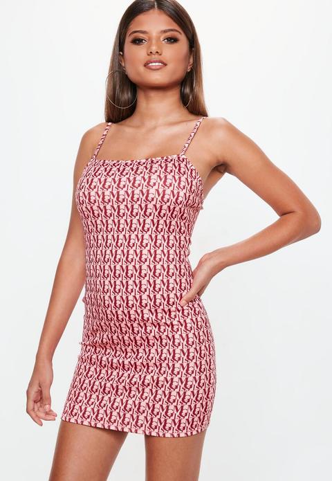 Pink Miss Mg Print Strappy Bodycon Mini Dress, Pink