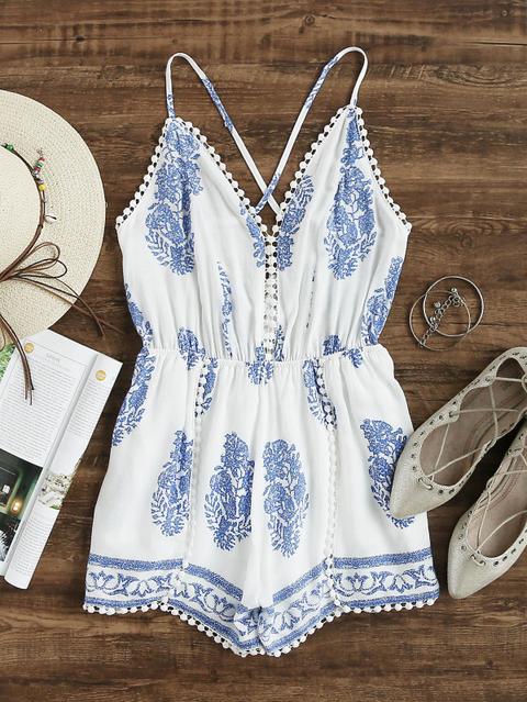 Stampa Azteca Criss Cross Back Pom Pom Romper