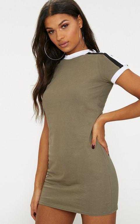 Khaki Triple Stripe Shoulder T Shirt Dress, Green