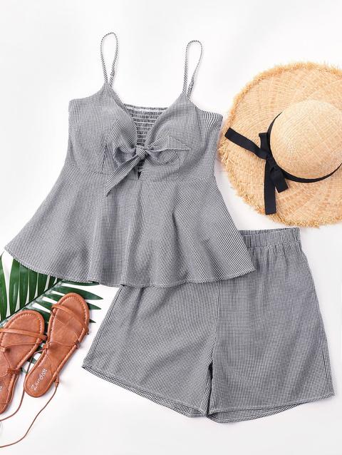 Top Con Cravatta Anteriore E Pantaloncini Con Pied De Poule Black