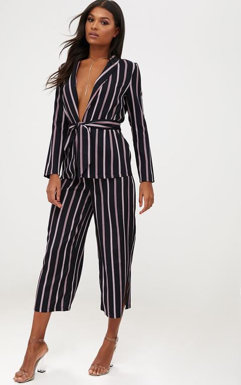 Navy Contrast Stripe Belted Blazer, Blue