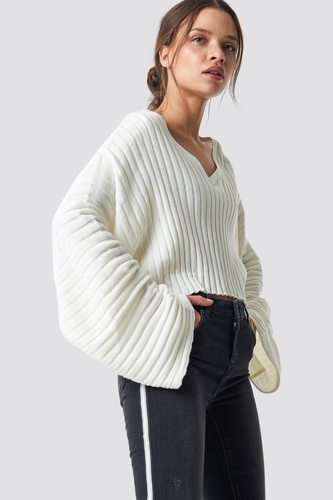 Batwing Ribbed Knitted Sweater Offwhite