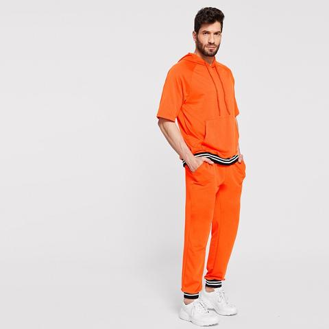 Set Felpa Con Cappuccio E Stasca Con Manica Raglan E Orlo A Righe Con Pantaloni