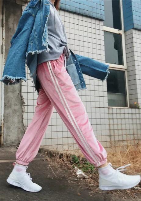 Pink Striped Pockets Drawstring Waist Mid-rise Cute Casual Long Pants