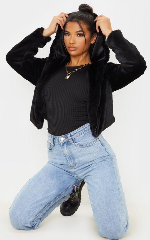 black faux fur cropped hooded jacket