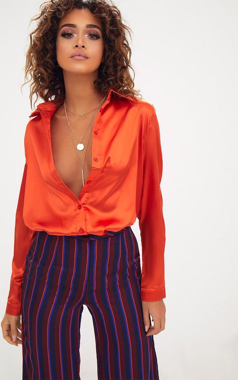 Orange Satin Button Front Shirt