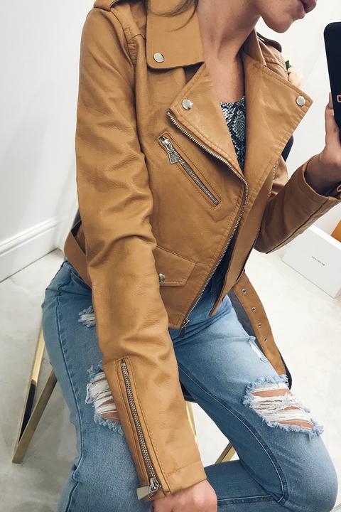 Theresa Camel Pu Leather Biker Jacket