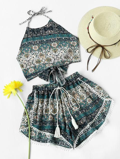 Aztec Print Bow Tie Open Back With Pompom Shorts