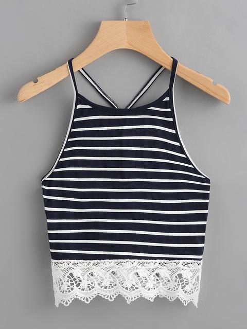 Contrast Crochet Hem Striped Cami Top