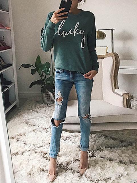 Letter Print Crew Neck Sweatshirt - Green