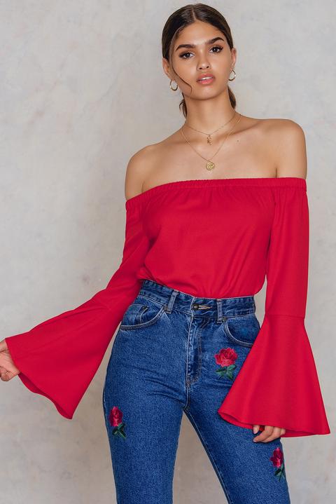 Off Shoulder Woven Wide Sleeve Top Red