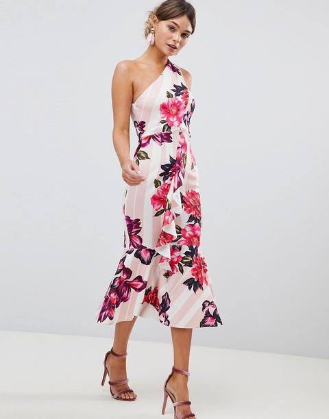 Asos Design - Vestito Midi Monospalla Con Stampa A Fiori E A Righe - Multicolore