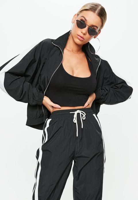 Black Side Stripe Zip Up Track Shell Suit Jacket, Black