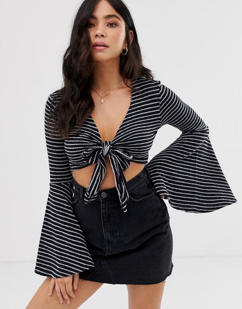 Gilli Tie Front Crop Top With Flare Sleeves - Multi