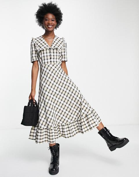 Lola May Midaxi Ruffle Dress In Check-white