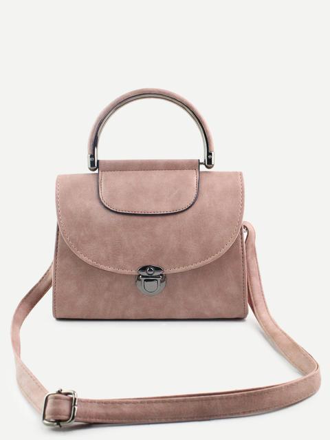 Pink Pu Pushlock Closure Flap Handbag With Strap