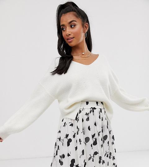 Asos Design Petite Fluffy V Neck Ribbed Jumper With Balloon Sleeve In Recycled Blend-cream