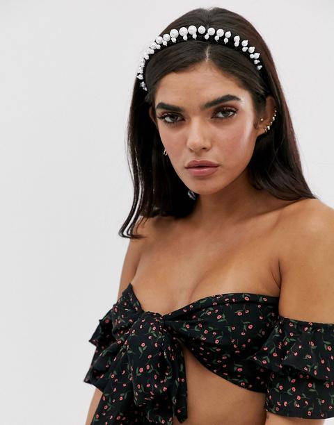 Asos Design - Cerchietto Doppio In Velluto Nero Con Perle - Nero