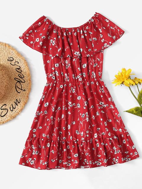 Ruffle Trim Off Shoulder Floral Dress